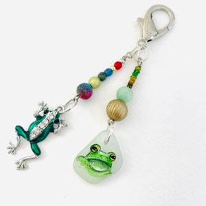 Peut inclure: Un porte-clés argenté avec un charme de grenouille verte, une perle de verre verte avec une grenouille peinte et des perles colorées.