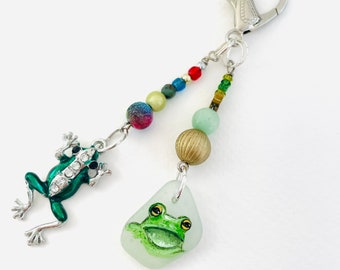 Green Tree Frog sea glass bag charm hand painted English beach glass beaded secure clip on dangle charm - keyring