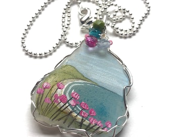 Beach thrift flowers hand painted sea glass necklace - choice of finish