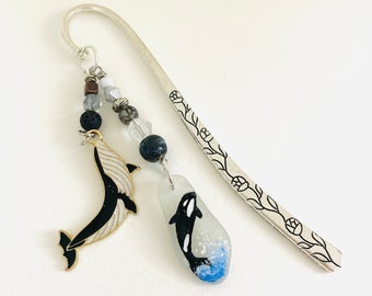 Orca hand painted sea glass 12cm BOOKMARK - wire wrapped with pretty mixed beads