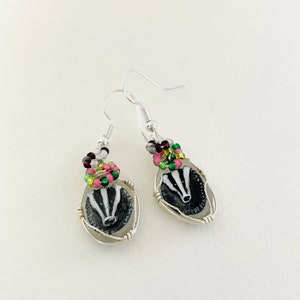 Handsome badger hand painted sea glass dangle earrings - Silver plated findings and wire wrapping