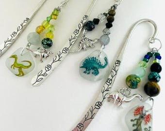 Dinosaur hand painted sea glass BOOKMARK - wire wrapped with pretty mixed beads