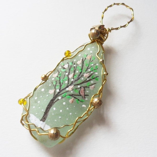 Partridge in a pear tree sea glass christmas tree decoration - Hand painted, wired and beaded English beach glass