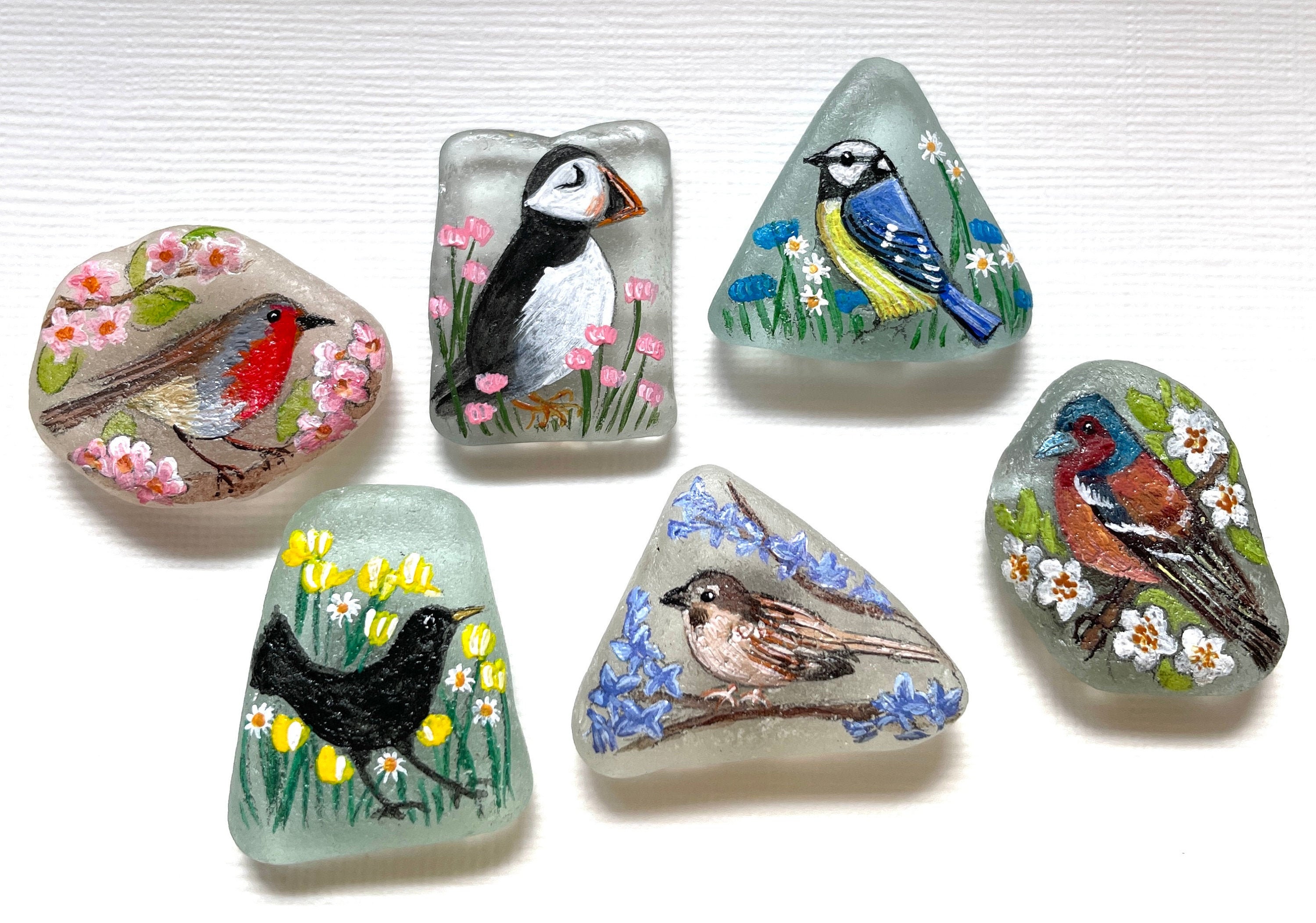 Birds in the flowers sea glass miniature magnets - hand painted to order, choose your own bird and flowers and I can paint for you