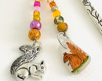 Red Squirrel hand painted sea glass 12cm BOOKMARK - wire wrapped with pretty mixed beads
