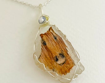 Horse sea glass necklace - Hand painted Silver plated 18" chain with Swarovski crystals