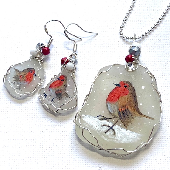 Hand Painted Robin Sea Glass Jewelry Set: Wire Wrapped Necklace & Earrings