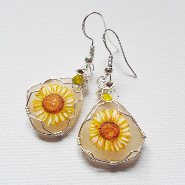 Sunflower and Swarovski hand painted sea glass 925 silver dangle earrings - wire wrapping