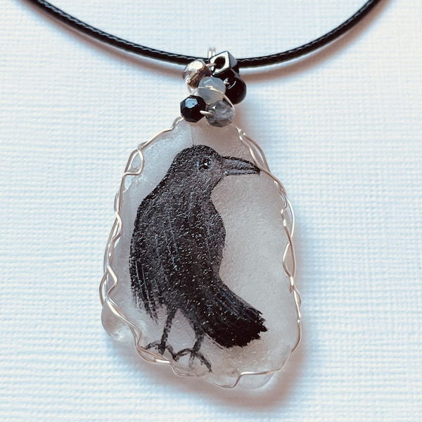 Crow hand painted bird sea glass necklace - painted to order wire wrapping.