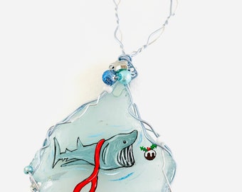 Christmas Basking shark tree ornament - Hand painted sea glass Christmas tree decoration with beads and wire