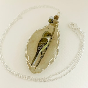 Willow flycatcher hand painted bird sea glass necklace - painted to order wire wrapping.