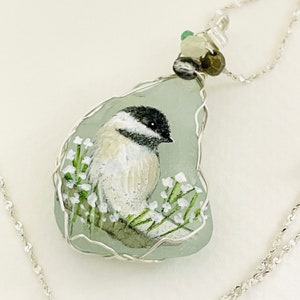 Chickadee bird in flowers hand painted sea glass necklace with mixed crystals and wire wrapping- painted to order.
