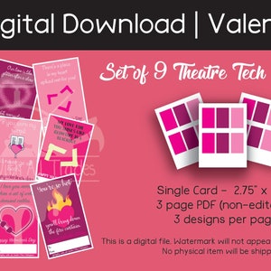 May include: Set of nine printable Valentine's Day cards featuring theatre tech puns. The cards are pink and white with illustrations of hearts, microphones, and spotlights. Each card measures 2.75 inches by 4.58 inches.