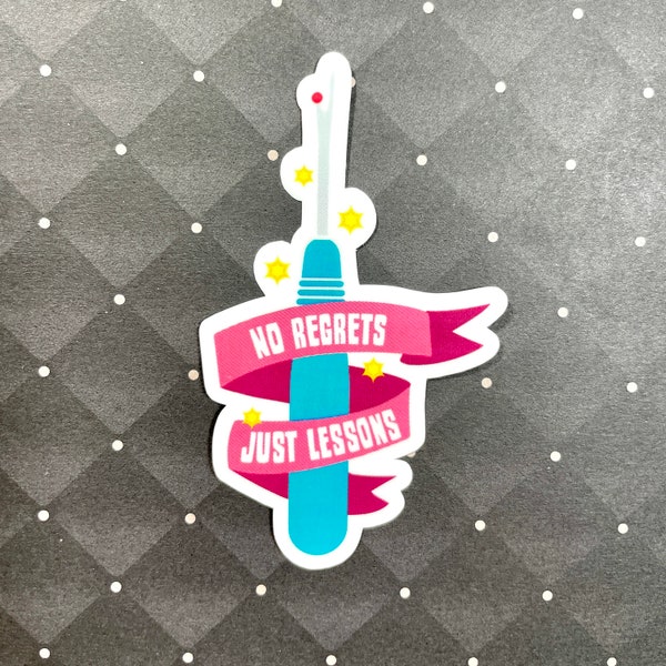 No Regrets Seam Ripper Sticker, theatre stickers, water bottle stickers, drama, vinyl decal, costumer, sewing, cosplay