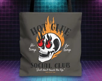 Tygväskor för hantverkare | Hot Glue Social Club-tygväska | bokväska för skapare och hantverksmaterial retro tatueringsdesign