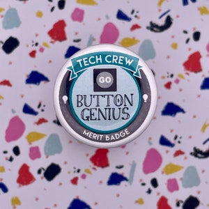 Go Button Genius Merit Badge, 1-1/2&quot; Pin Back Button, Backstage, Technical Theatre Tech Crew Gifts, Lighting, Backpack Buttons, Board OP