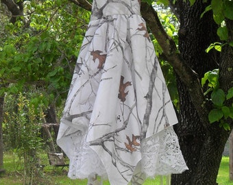 Made with White  Concealed Camo & Lace handkerchief hem sundress. Other camo colors. Just contact me for more fabric choices.