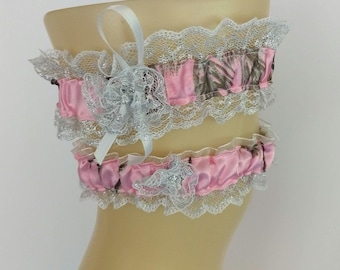 Camo Wedding Garters with Lace, Custom Color Options