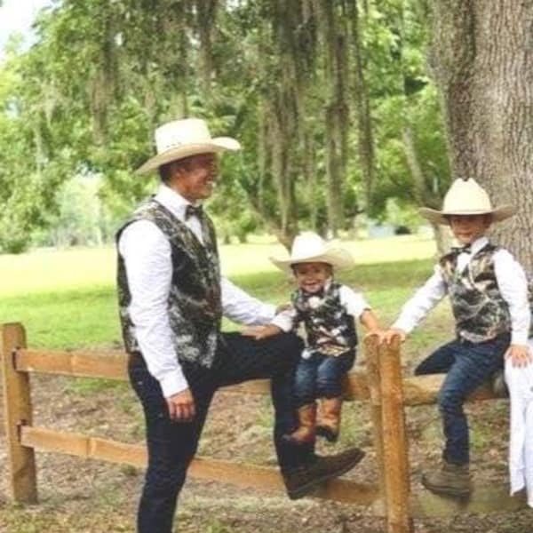2 pc Men and Boys toddlers, and infants vest & bow tie set. with black backs. Great for weddings or any occasion . Many camo colors