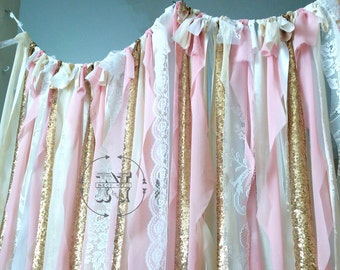 Pink Gold Curtains Sequin Ribbon Backdrop Photo Prop White Ivory Pink Blush Garland Sparkly Cakesmash  wedding birthday party baby shower