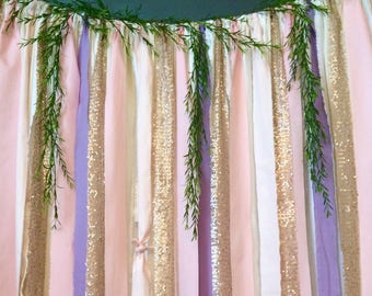 Lavender Pink Backdrop Gold Sequin Rag Curtain Fabric Lace Garland Photo Prop Sparkle Wedding Dessert Table Cakesmash Woodsy Rustic Shower