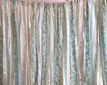Shabby Chic Curtains Vintage Rachel Ashwell Fabric Ribbon Sequin Backdrop French Country Blue White Ivory Sparkle Rag Garland Boho Lace 3x7