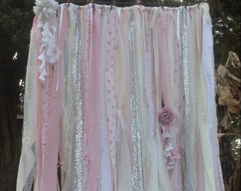 Shabby Chic Curtains Vintage Rachel Ashwell Fabric Ribbon Sequin Backdrop French Country Pink White Ivory Sparkle Rag Garland Boho Lace 3x7