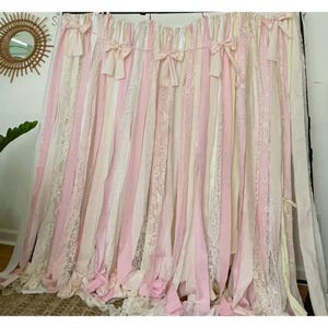 Blush Bow Garland Pink Fancy Tying the Knot Wedding Backdrop Fabric Rag Ribbon Lace Curtain Rustic Shabby Party Shower