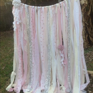 Shabby Chic Curtains Vintage Rachel Ashwell Fabric Ribbon and Sequin Backdrop Pink White Ivory Sparkle Silver Rag Garland Boho Lace Curtains image 3