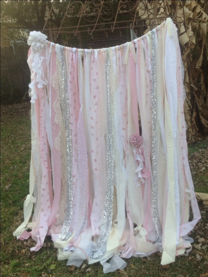 Shabby Chic Curtains Vintage Rachel Ashwell Fabric Ribbon and Sequin Backdrop Pink White Ivory Sparkle Silver Rag Garland Boho Lace Curtains image 3