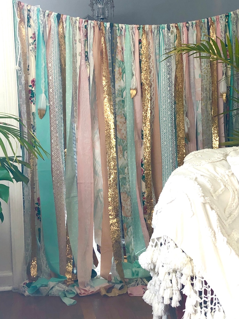Boho Backdrop Tribal Curtains Peach Mint Gray Rag Curtain 7 Ft Etsy