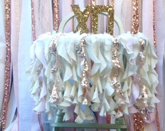 Pink Backdrop and High Chair Garland Rose Gold 6 ft long Ribbon Curtain 2 pc set Cake Smash First Birthday Photobooth Party