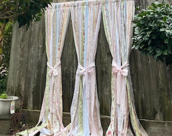 Shabby Chic Garland Curtains Vintage Fabrics & Lace Pink White Blue Ivory-Florals Solids Backdrop Rag Shower Curtain Cottagecore Bow