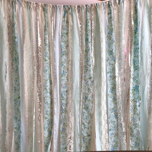 Shabby Chic Curtains Vintage Rachel Ashwell Fabric Ribbon and Sequin Backdrop Pink White Ivory Sparkle Silver Rag Garland Boho Lace Curtains image 6