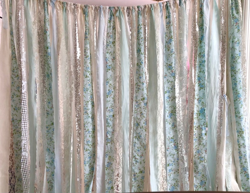 Shabby Chic Curtains Vintage Rachel Ashwell Fabric Ribbon and Sequin Backdrop Pink White Ivory Sparkle Silver Rag Garland Boho Lace Curtains image 6