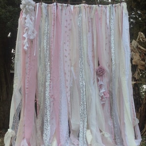 Shabby Chic Curtains Vintage Rachel Ashwell Fabric Ribbon and Sequin Backdrop Pink White Ivory Sparkle Silver Rag Garland Boho Lace Curtains image 4