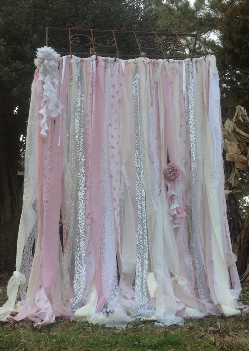 Shabby Chic Curtains Vintage Rachel Ashwell Fabric Ribbon and Sequin Backdrop Pink White Ivory Sparkle Silver Rag Garland Boho Lace Curtains image 4