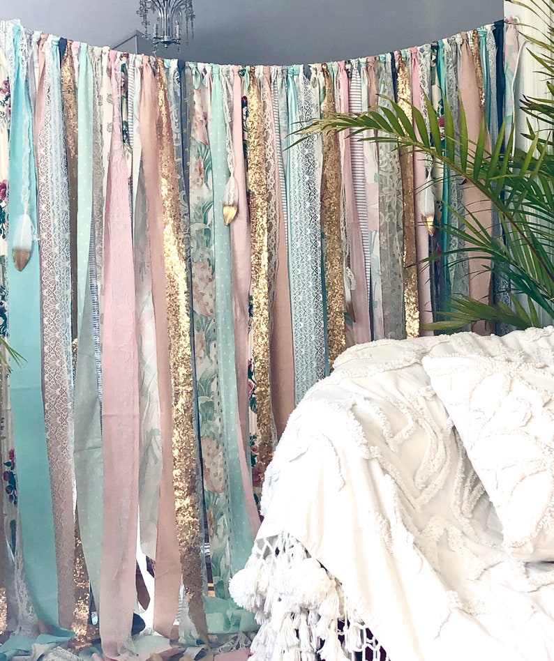 Boho Backdrop Tribal Curtains Peach Mint Gray Rag Curtain 7 Ft Etsy