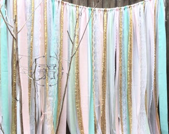 Mint Blush Peach Backdrop Gold Sequin Ribbon Lace Rag Garland Ribbon Photo Prop- Curtain-Wedding Shower Nursery Gender Reveal