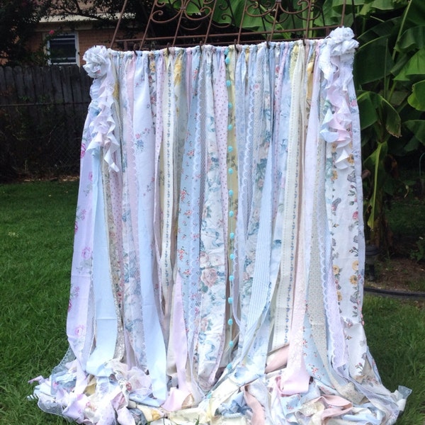 Shabby Chic Garland Curtain with vintage Fabrics Pink White Blue and Ivory- assorted Florals and Solids Backdrop Rag Curtain Cottagecore