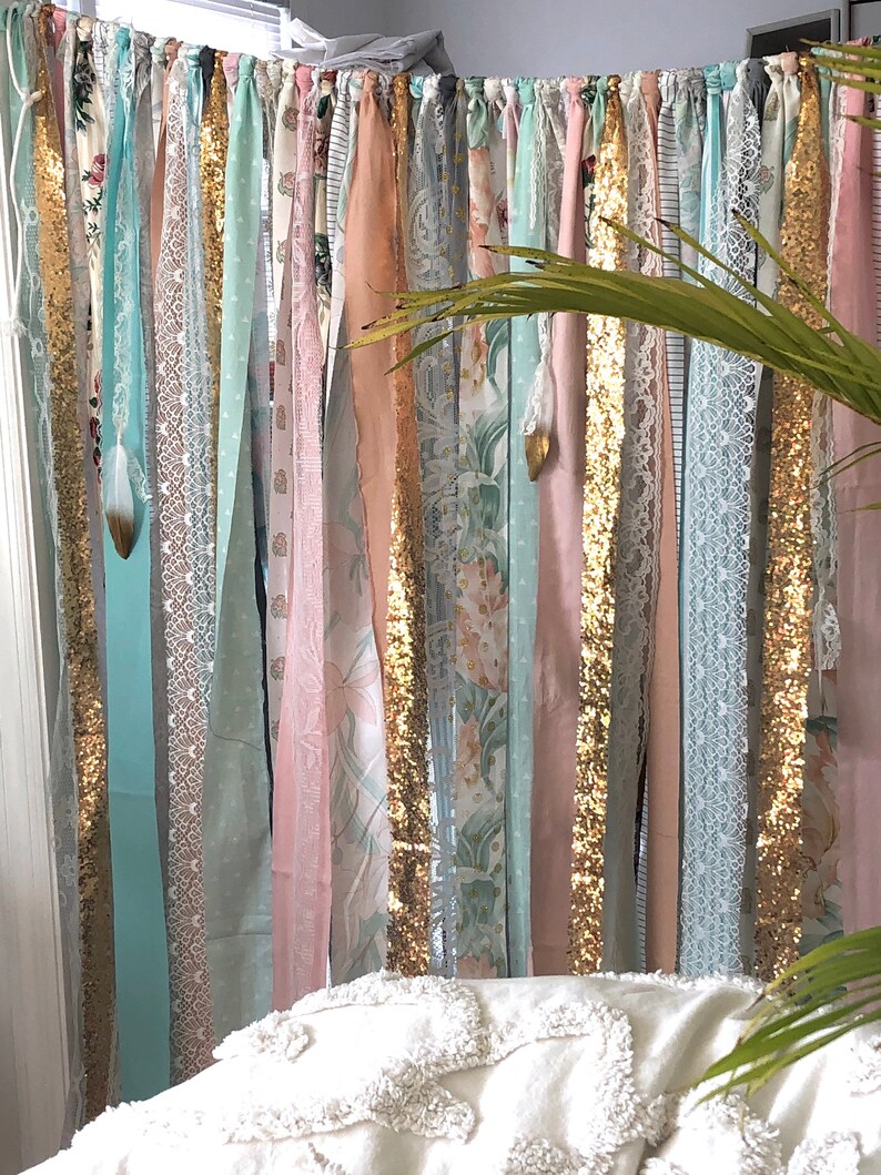 Boho Backdrop Tribal Curtains Peach Mint Gray Rag Curtain 7 Ft Etsy
