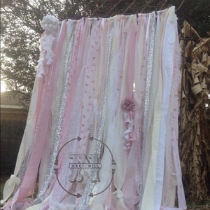 Shabby Chic Curtains Vintage Rachel Ashwell Fabric Ribbon and Sequin Backdrop Pink White Ivory Sparkle Silver Rag Garland Boho Lace Curtains image 1