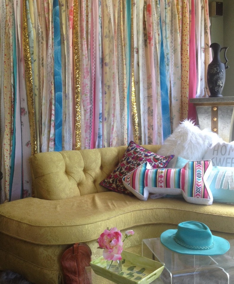 Hippie Curtains Boho Curtain Junk Gypsy Curtain Rustic Rag Fabric Ribbon Garland Teen Room Dorm Hippy Glamping Wedding Sequin Door Hanging