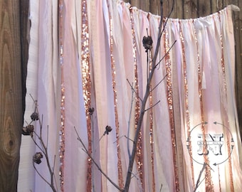 Rose Gold Garland Dusty Rose Gold Wedding Backdrop long Blush Rag Curtain Shower Nursery Cakesmash Photobooth Sequin Backdrop Ceremony