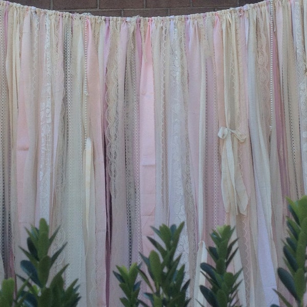 Blush Garland Pink and Ivory Wedding Backdrop 6 ft long Fabric Rag Garland Prairie Ribbon Lace Curtain Photobooth Rustic Shabby Party Shower