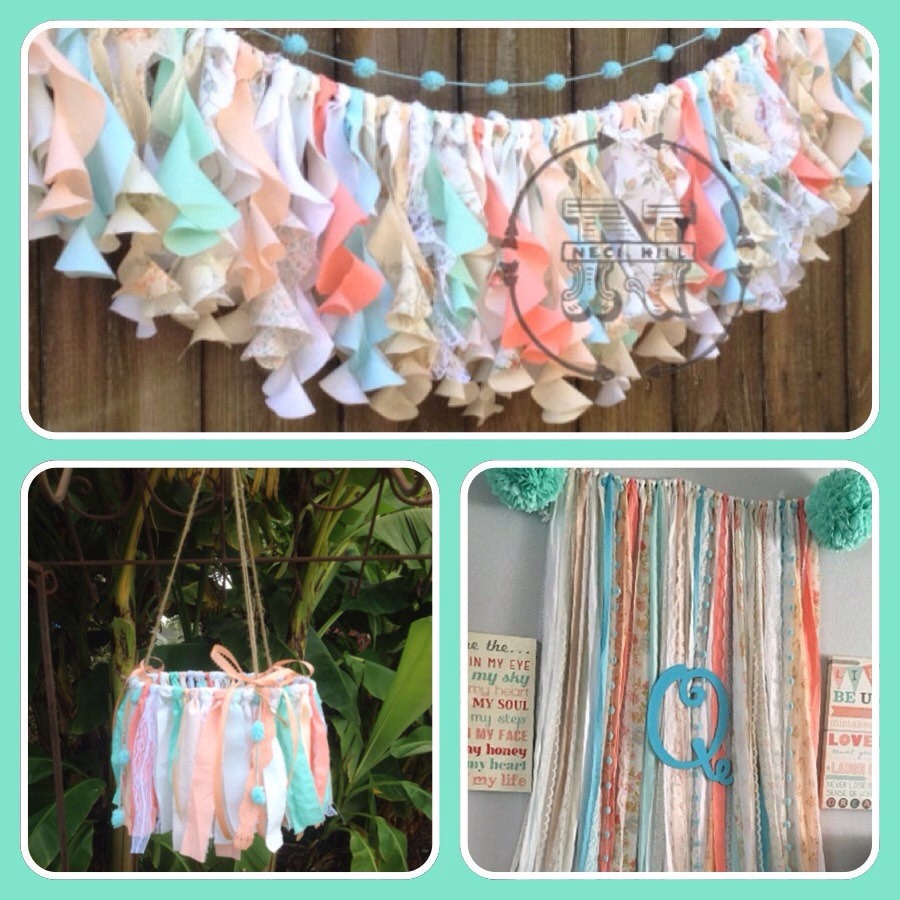 Mint Coral Aqua Teal Rag Curtain Ribbon Garland Lace and - Etsy