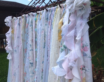 Shabby Chic Garland Curtain with vintage Fabrics Pink White Blue and Ivory- assorted Florals and Solids Backdrop Rag Curtain 4x7