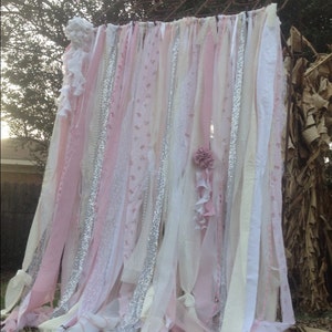 Shabby Chic Curtains Vintage Rachel Ashwell Fabric Ribbon and Sequin Backdrop Pink White Ivory Sparkle Silver Rag Garland Boho Lace Curtains image 2