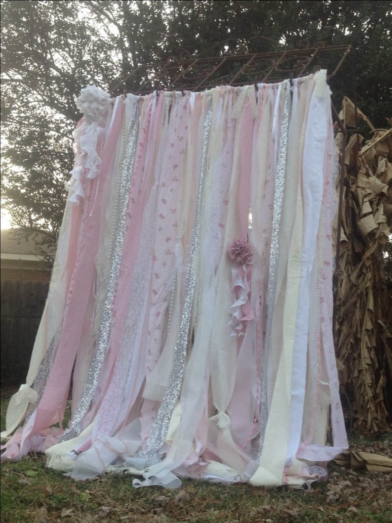 Shabby Chic Curtains Vintage Rachel Ashwell Fabric Ribbon and Sequin Backdrop Pink White Ivory Sparkle Silver Rag Garland Boho Lace Curtains image 2