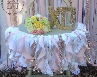 High Chair Garland Blush Pink Rose Gold High Chair Skirt First Birthday Cakesmash Lace Curly Ruffled Rustic Shabby Chic